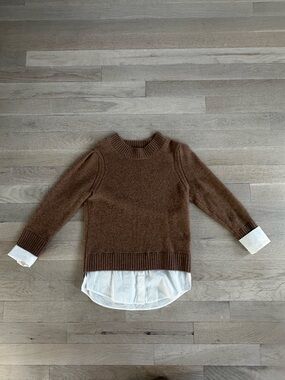 Brochu Walker Brown Layered Hem Crewneck Sweater with White Shirt Detail